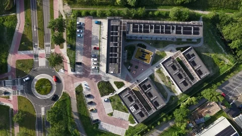 Aerial top down view of temporary housing complex with solar panels Stock Footage 335990265