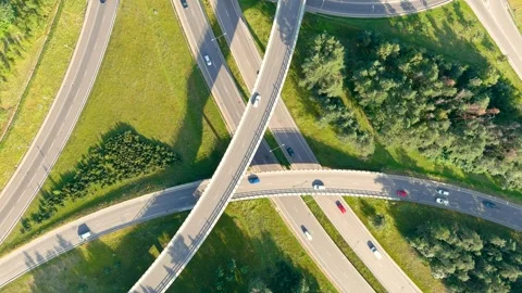Aerial top-down view of three level road junction. Vilnius. Lithuania. 库存影片 284040832