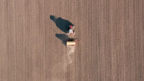 Aerial top down view of tractor sowing a wheat field Stock Footage 176339362