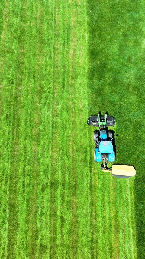 Aerial Top Down View Of Tractor Mowing Green Grass Field Video stock 336567648