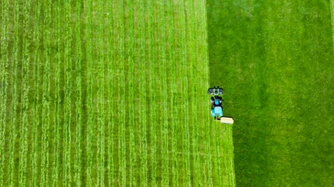 Aerial Top Down View Of Tractor Mowing Green Grass Field In Poland Stock Footage 336701112