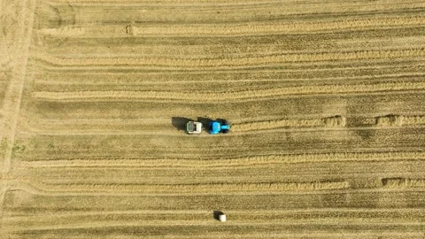 Aerial Top Down View of Tractor and Round Baler Collecting Straw Swath Stock Footage 341849847