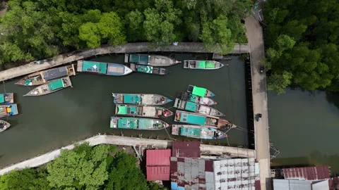Aerial Top-Down View of Traditional Wooden Boats Moored in Tropical River Port Stock Footage 331864924