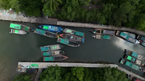 Aerial Top-Down View of Traditional Wooden Boats Moored in Tropical River Port Stock Footage 331864998