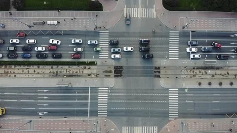Aerial top down view of traffic jam on a road and moving train. 4K video Stock Footage 95193191