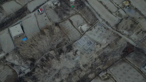Aerial top-down view of trees and houses made from rocks in Hussaini village Stock Footage 245177204