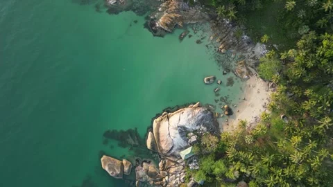Aerial Top Down View of Tropical Beach with Palm Trees and Rocks in Koh Phangan, Stock Footage 335814485
