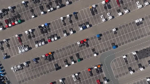 Aerial top down view of truck factory parking lot Stock Footage 341875158