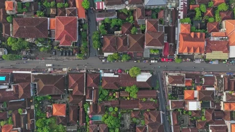 Aerial top down view of ubud city traffic and buildings in bali Stock Footage 327815108