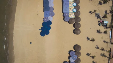 Aerial top down view of umbrellas on a sandy beach Stock Footage 329511907