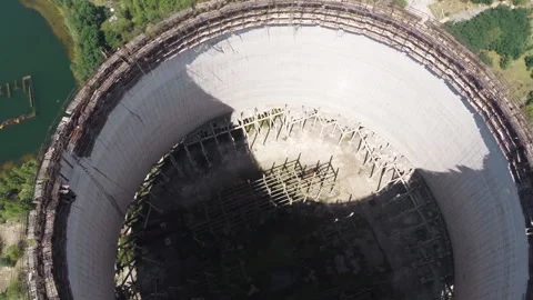 Aerial Top-Down View of Unfinished Chernobyl Cooling Tower Stock Footage 346402446