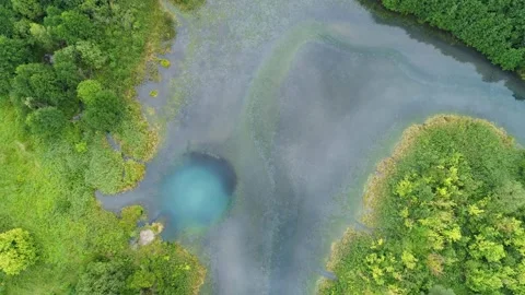 Aerial top down view of unique turquoise karst lake which has same temperature Video stock 251727076