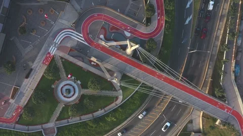 Aerial top down view of urban bridge and bike lane Stock Footage 320301040