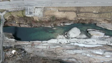 Aerial top down view of Verzasca River, Ticino, Switzerland Stock Footage 157809810
