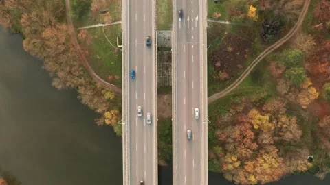 Aerial top-down view of the viaduct with the multilane highway traffic over the Stock Footage