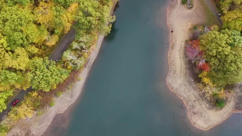 Aerial top-down view of vibrant autumn forest, a winding road... Stock Footage 319884233