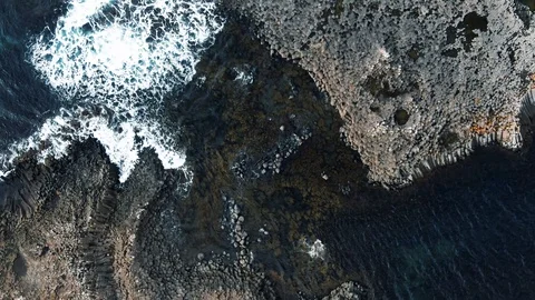 Aerial top down view of volcanic basalt formation on the sea in West Iceland Stock Footage 118434399