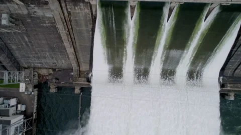 Aerial top down view of water discharge at hydroelectric power plant Stock Footage 168664482