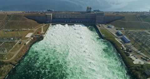 Aerial Top Down View of Water Discharge at Hydroelectric Power Plant. Renewable Stock Footage 264574336