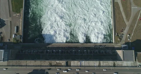 Aerial Top Down View of Water Discharge at Hydroelectric Power Plant. Dam and Stock Footage 270297441