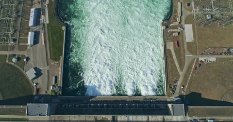Aerial Top Down View of Water Discharge at Hydroelectric Power Plant. Hydropower Stock Footage 276409197