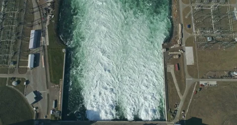 Aerial Top Down View of Water Discharge at Hydroelectric Power Plant. Pumped Stock Footage 316662449
