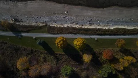 Aerial top down view of the waterfront trail near Rotary Park in Ajax Ontario Stock Photos