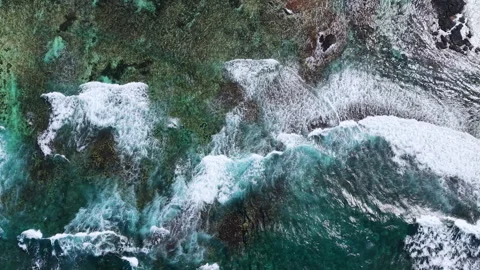 Aerial Top Down View of Waves Breaking Over Coral Reef, Mauritius Stock Footage 339505223
