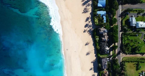 Aerial top down view of white sand beach and blue ocean waves in Hawaii Stock-Footage 89259841