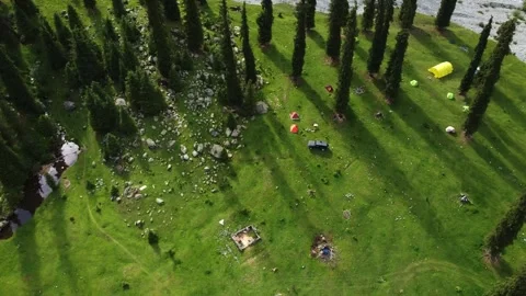 Aerial Top Down View of Wilderness Base Camp with Tents and SUV Video stock 331991147