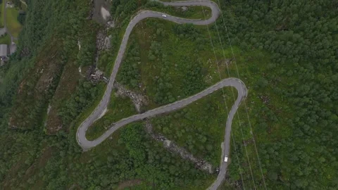 Aerial top down view of winding road in norway Stock Footage 317433627