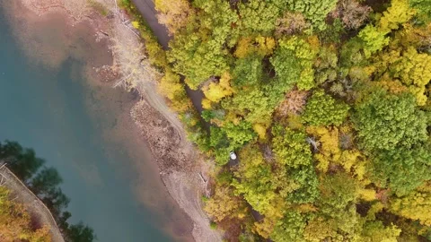 Aerial top-down view of a winding river curving through a vibrant... Stock Footage 319884257