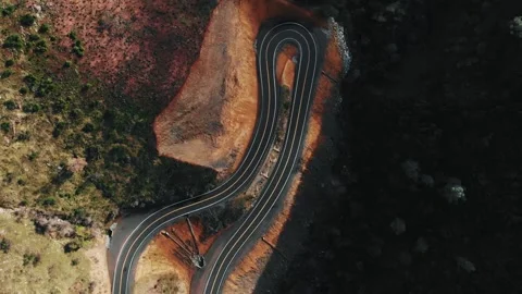 Aerial top-down view of winding mountain road near Yosemite, California Stock Footage 330950738