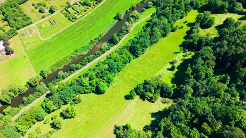 Aerial Top-Down View of a Winding Stream Through Lush Green Meadows and Forest Stockbeeldmateriaal 338351861