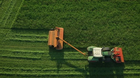 Aerial Top down View of Working Agricultural Harvester on Green Field. Stock Footage 64939551