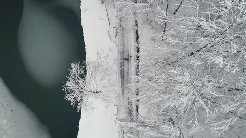 Aerial top down view: Young couple walking in a park. Winter season. Loving Stockbeeldmateriaal 94276968