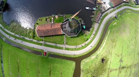 Aerial top down view Zaanse Schans popular tourist attraction of Netherlands 4k Video stock 63376554