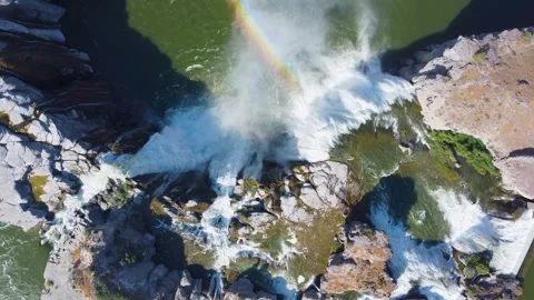 Aerial Top Down Waterfall Rainbow Rocks Mist Snake River Idaho Drone Stock Footage 335482609