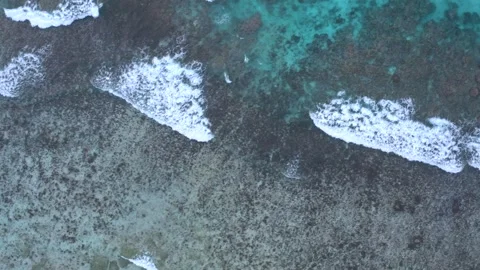 Aerial Top Down Waves Breaking Over Dark Shallow Reef Seychelles 库存影片 334264274