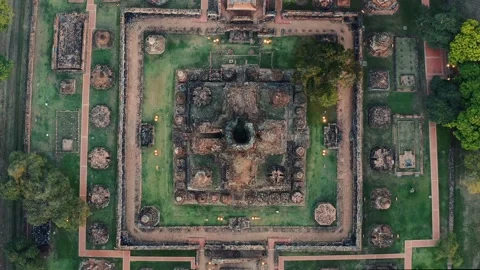 Aerial top drone shot down to up of the old buddhist temple Wat Mahathat 03 Stock Footage 176157034