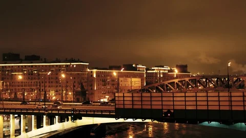 Aerial Top Night View Of Traffic Moscow Central Circle Andreyevsky Bridge. 4K Stock Footage 101908352