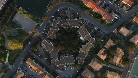Aerial top shot of hexagonal building, rotational panoramic Video stock 128158890