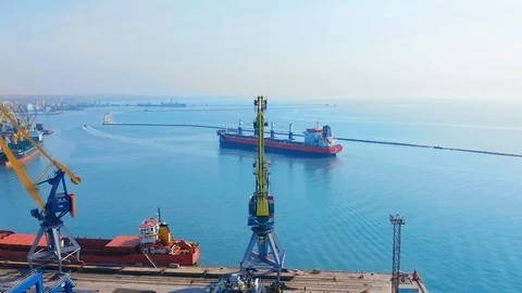 Aerial top view 4K of cargo ship in import export business logistic and Stock Footage 107473621