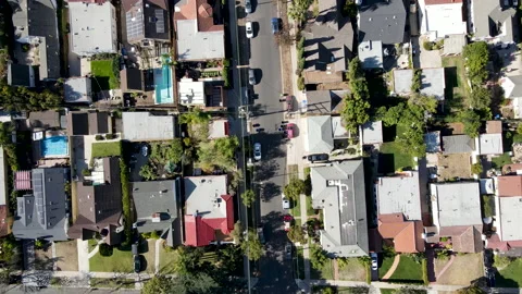 Aerial top view above a small neighborhood in Central Los Angeles Video stock 146399373