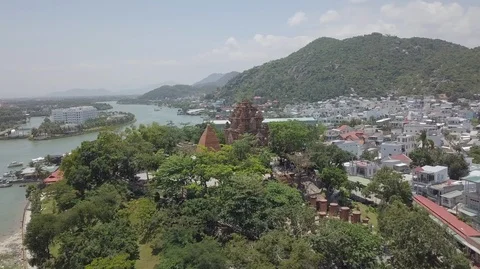 Aerial top view of the ancient Po Nagar towers in Nha Trang Stock Footage 98009823
