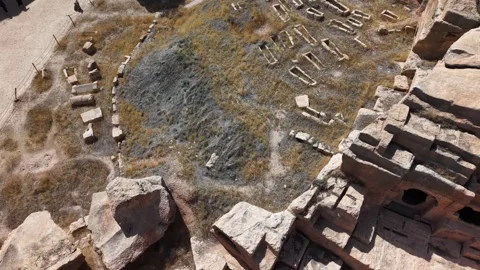 Aerial Top View of Ancient Tombs, Settlements and Cave Structures in Dara Ci Stock Footage 334794764