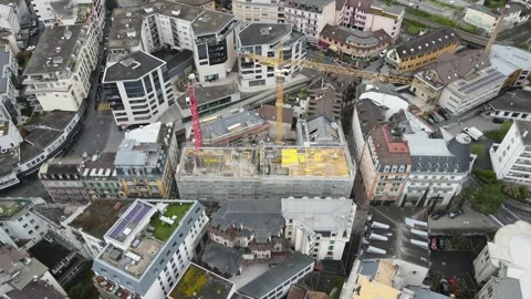 Aerial top view of Atrium construction project in Montreux Switzerland Stockbeeldmateriaal 332632764
