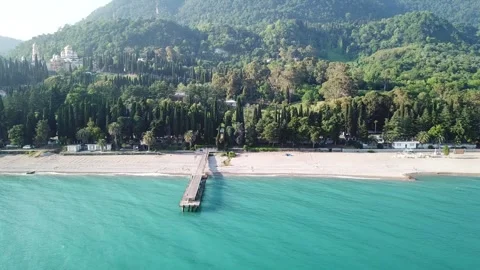 Aerial top view on the beach of Pitsunda, Abkhazia. Stock Footage 321378212