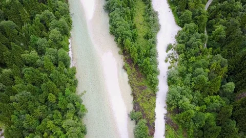 Aerial top view of beautiful Emerald river Soca Stock Footage 80644375
