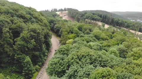 Aerial top view Car is driving on a bad road in the woods between the trees Stock Footage